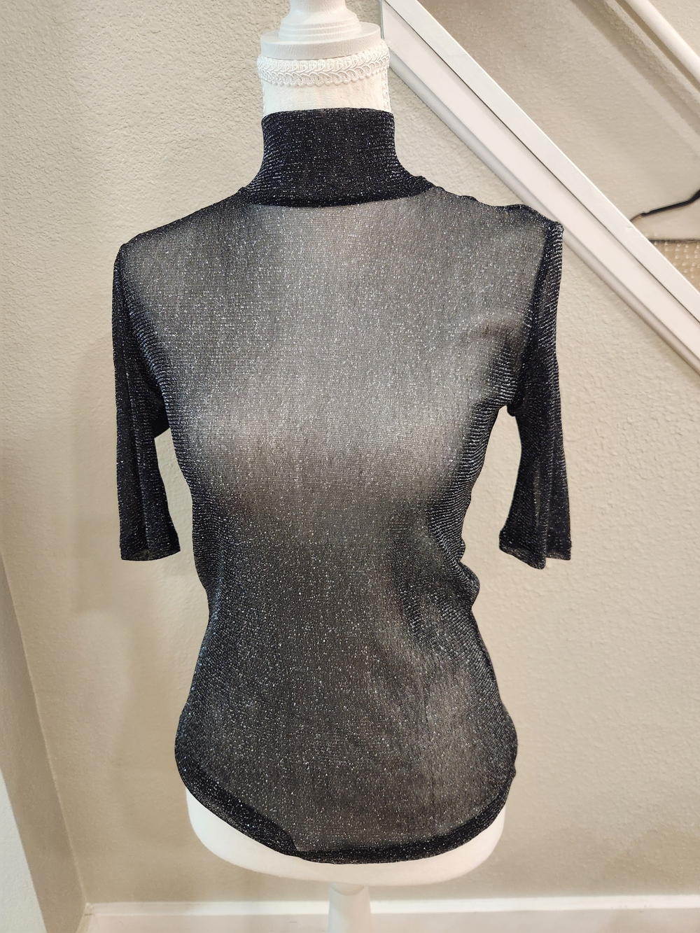 H&M Black Shimmery Mock Neck Short Sleeve Tee
